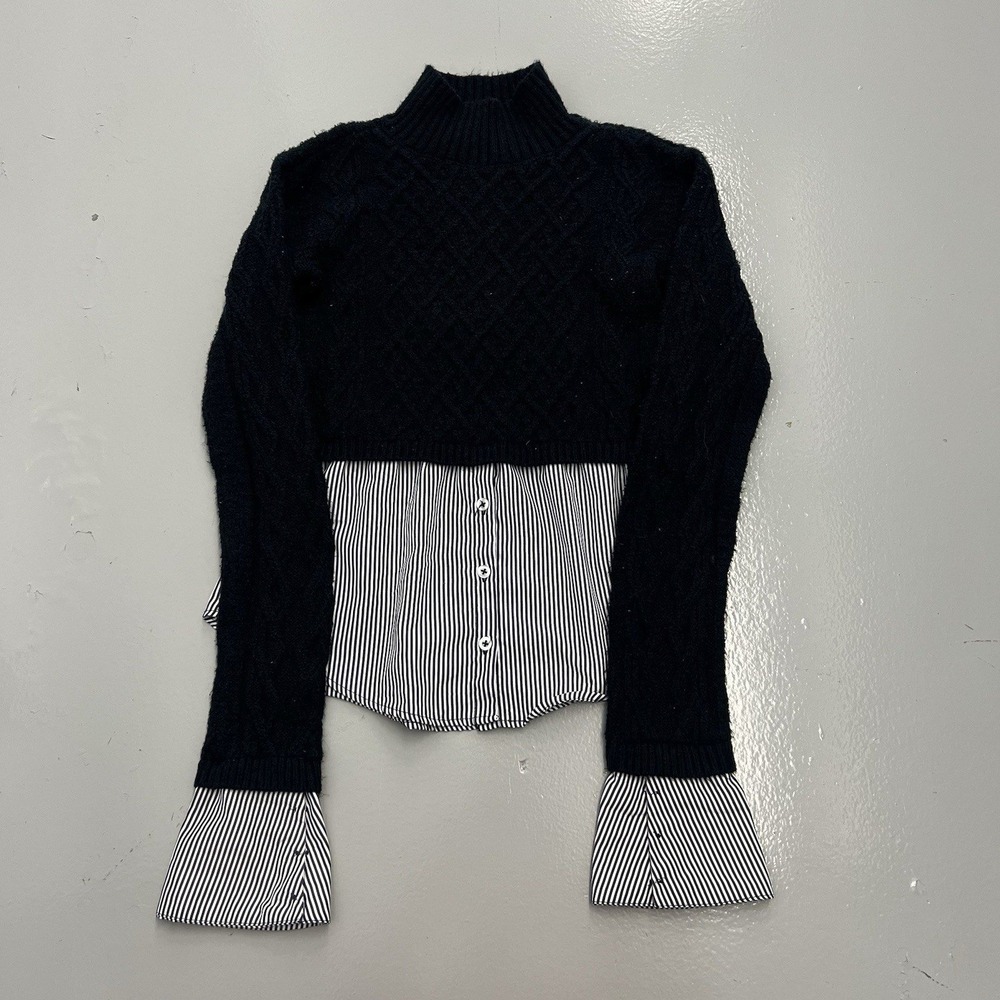 Maeve Anthropologie XXS Navy Cable Knit Layered Striped Shirt Sweater Mock Neck